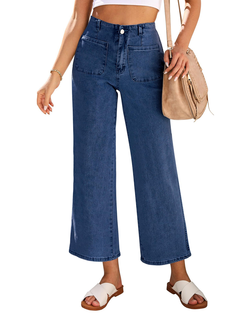 LookbookStore Women Wide Leg Jeans Womens Ankle Pants High Waisted Cropped Jeans for Women Size 14 Jeans for Women Pants Women Jeans for Women Trendy Stretch Darkness Blue Size Large